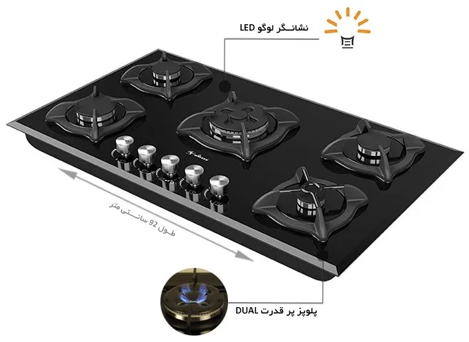 اجاق گاز صفحه ای داتیس DG 525 – نمای پلوپز دوال نمای نزدیک از پلوپز دوال و شبکه چدنی ستارهای اجاق گاز داتیس DG 525